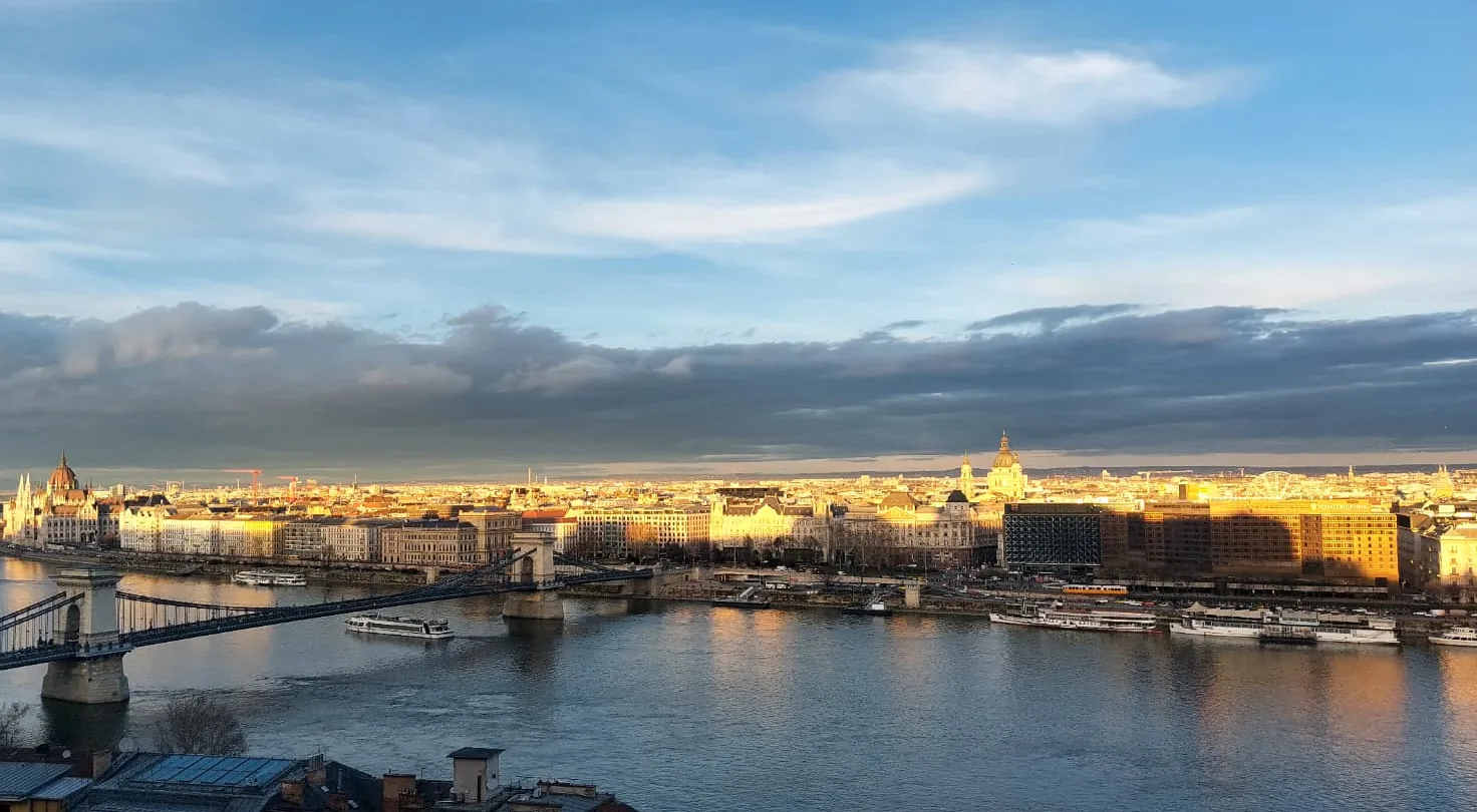Budapest from the Buda side: the Danube, the Chain Bridge and the Parliament in evening sun