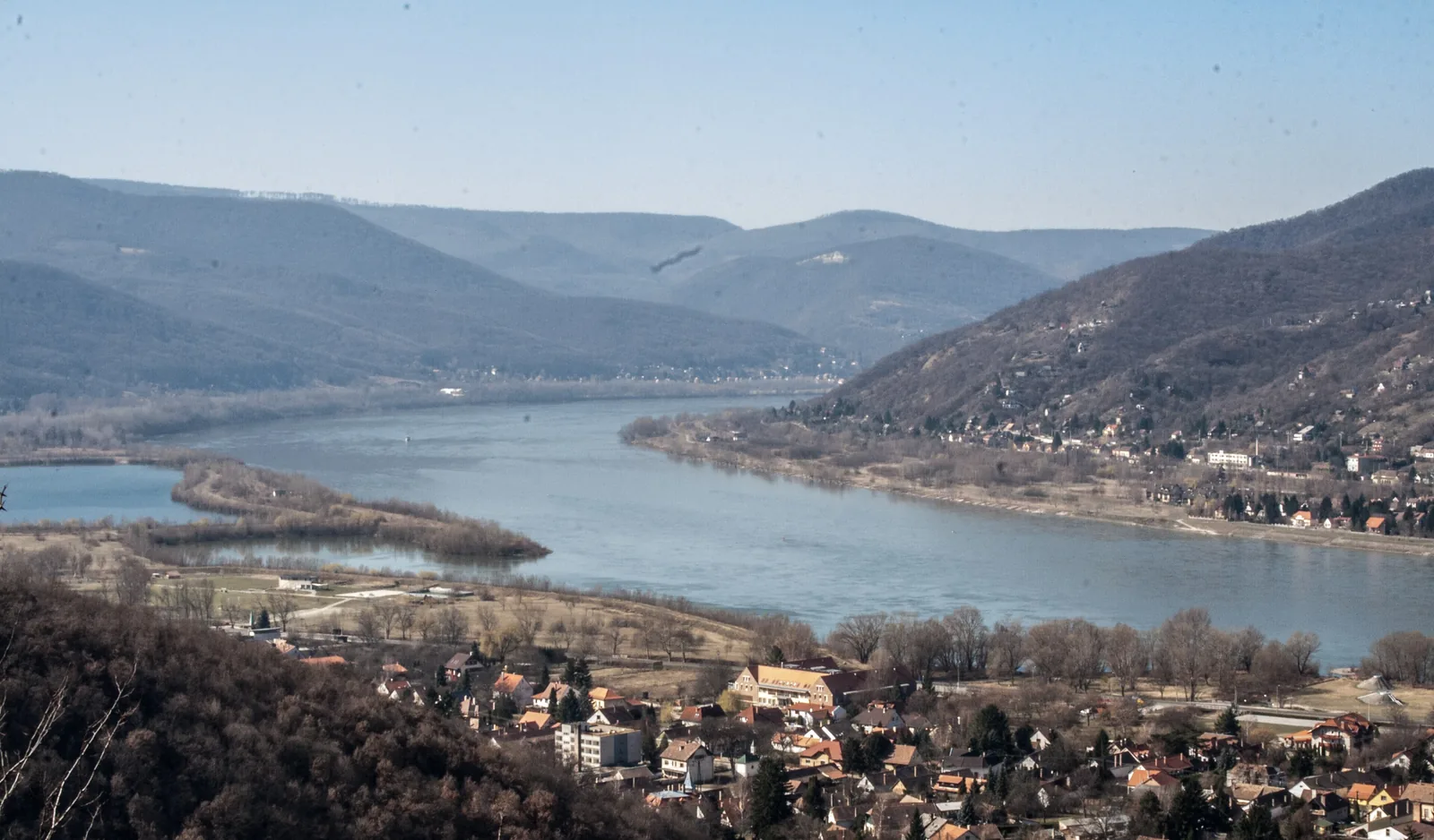 The Danube Bend between wooded hills, seen from above Visegrád